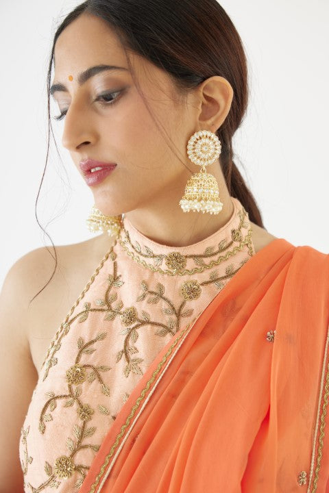 Peach and Orange Dhoti Saree Set