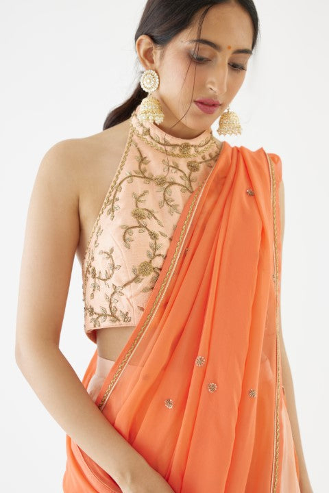 Peach and Orange Dhoti Saree Set
