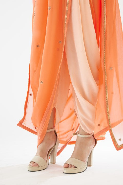 Peach and Orange Dhoti Saree Set