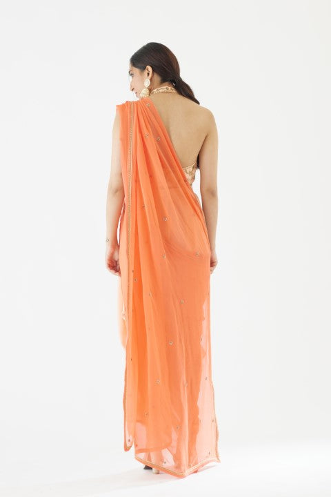 Peach and Orange Dhoti Saree Set