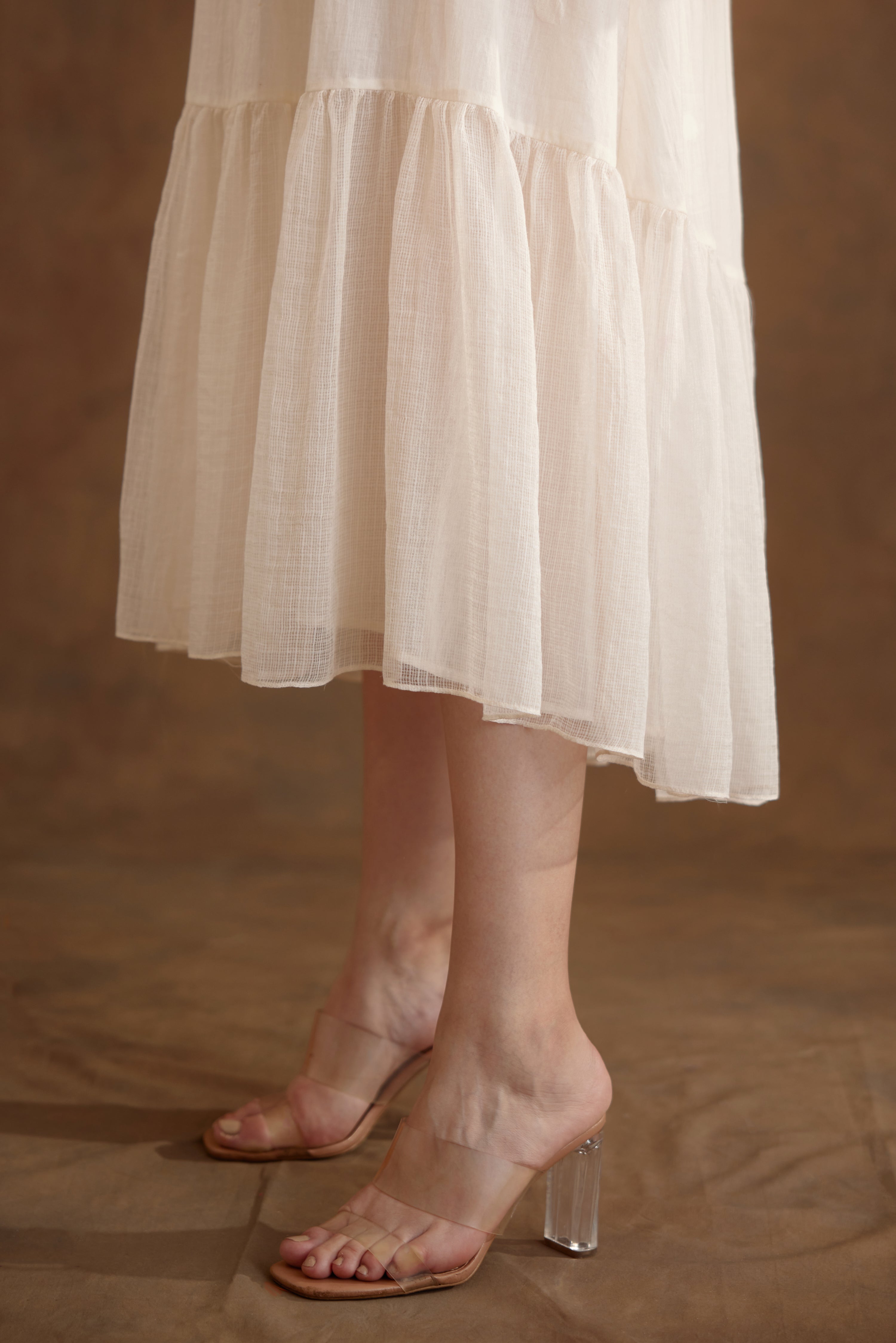 Cream hand braided tassels tier dress