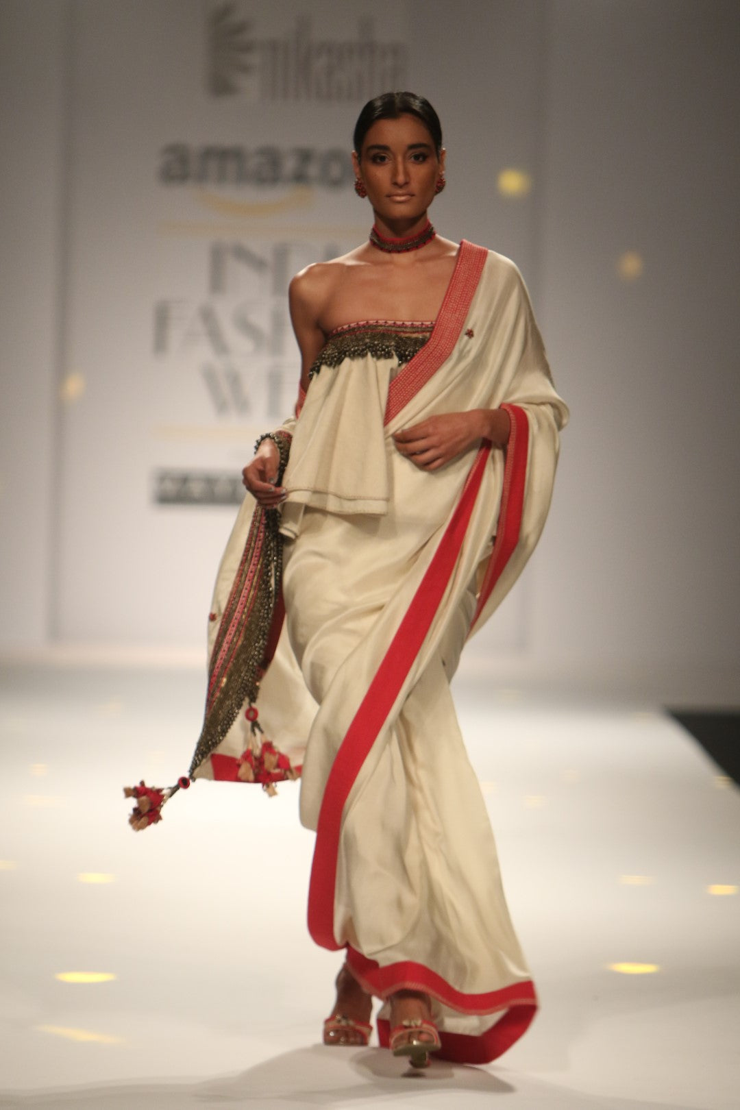 RUFFLED BLOUSE AND SAREE WITH EMBROIDERED BORDER