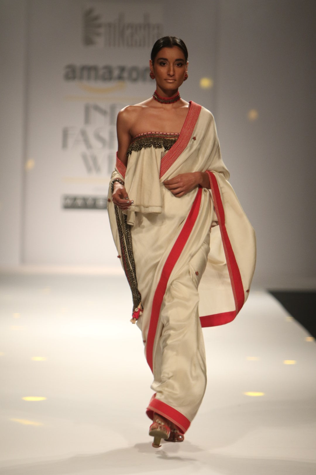 RUFFLED BLOUSE AND SAREE WITH EMBROIDERED BORDER