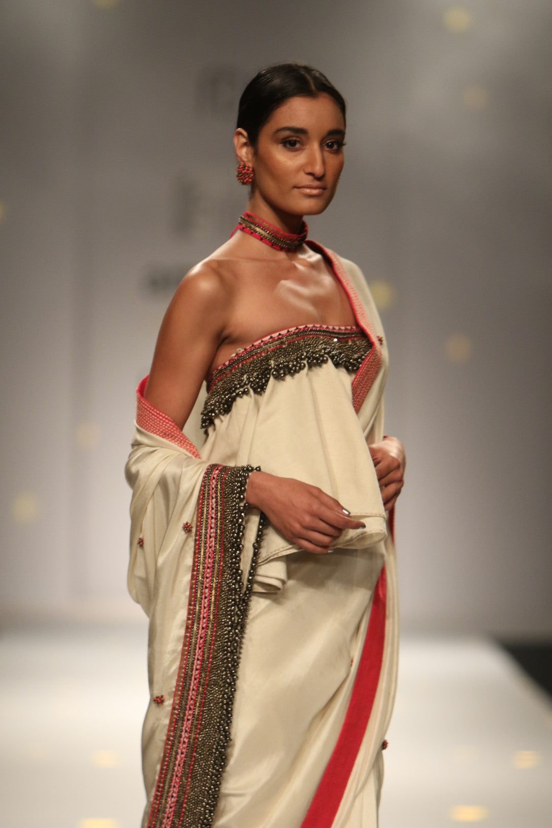 RUFFLED BLOUSE AND SAREE WITH EMBROIDERED BORDER