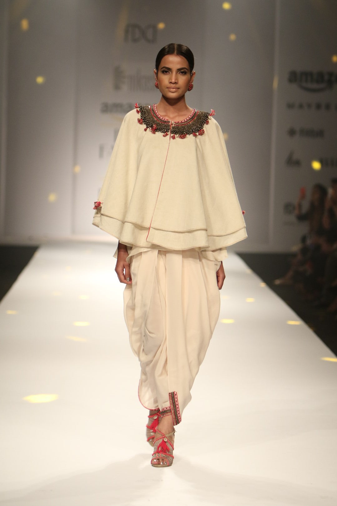 khadi double layer cape with cowl dhoti and cami top
