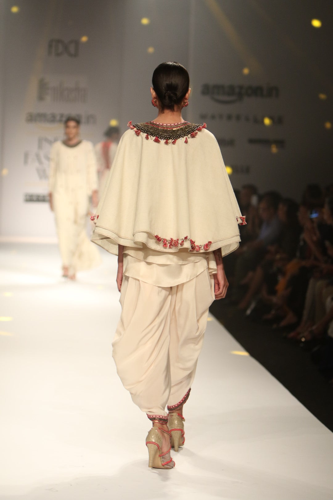 khadi double layer cape with cowl dhoti and cami top
