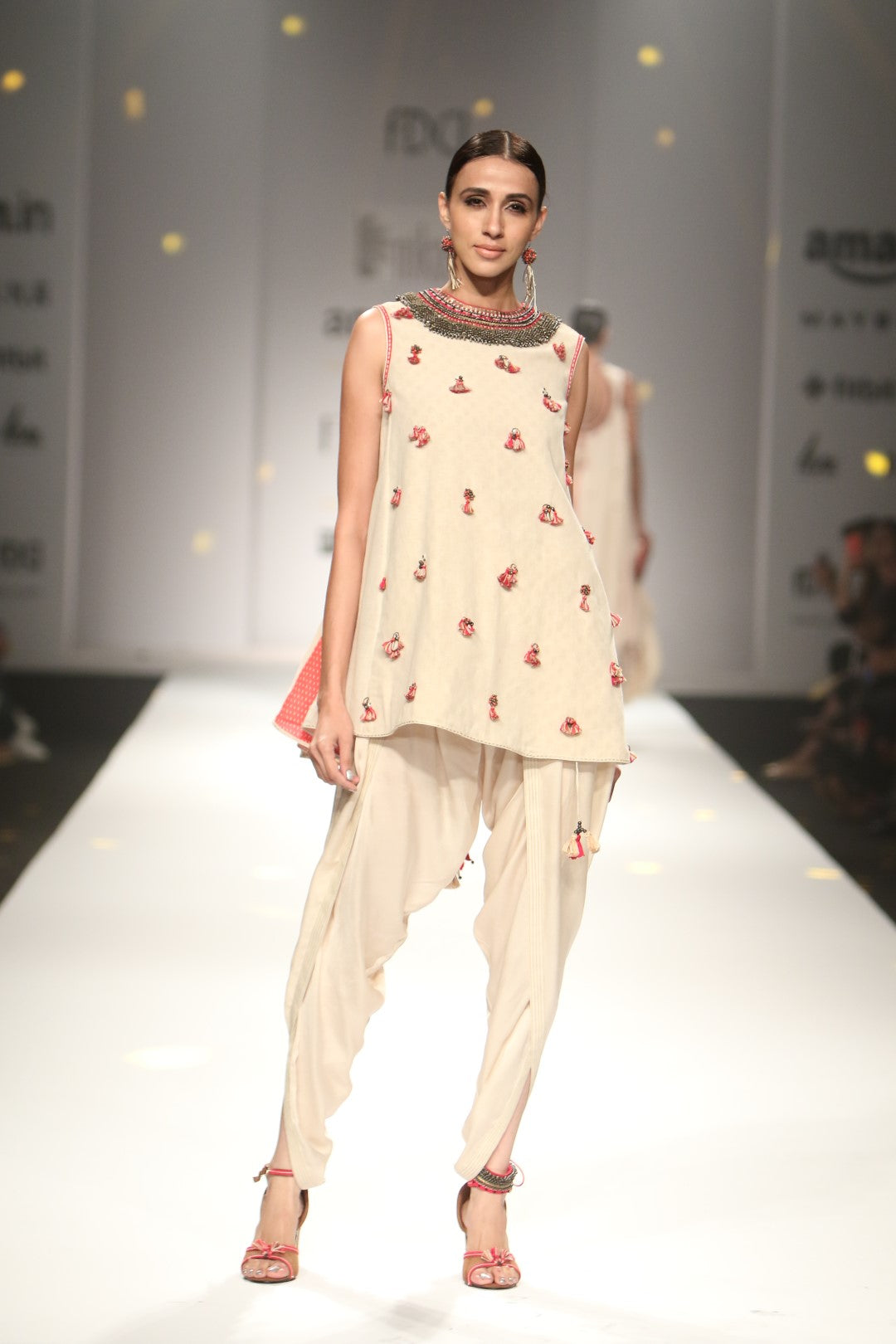 Back open godet kurta with front overlap dhoti