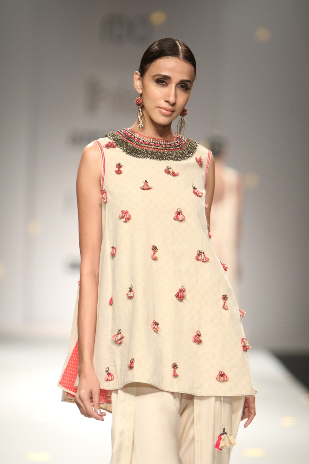 Back open godet kurta with front overlap dhoti