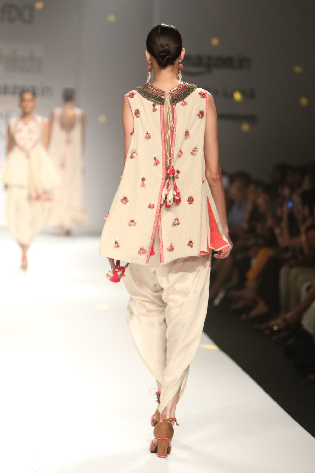Back open godet kurta with front overlap dhoti