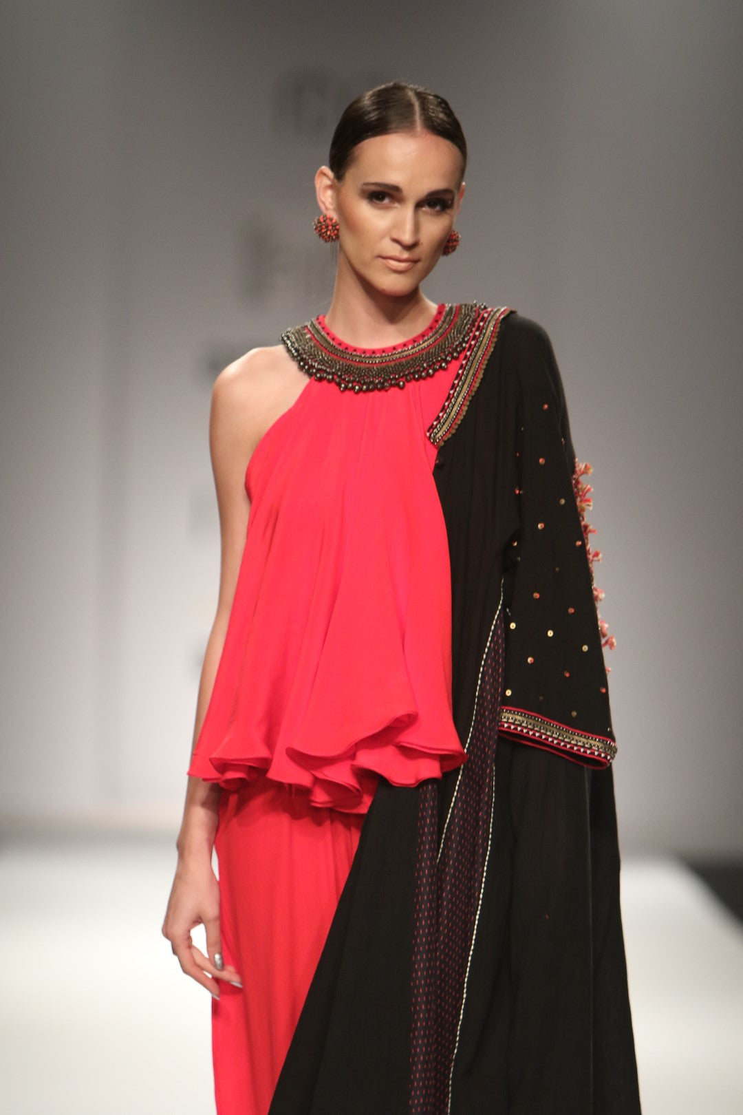 Red silk kali jumpsuit with long black Khadi kali jacket