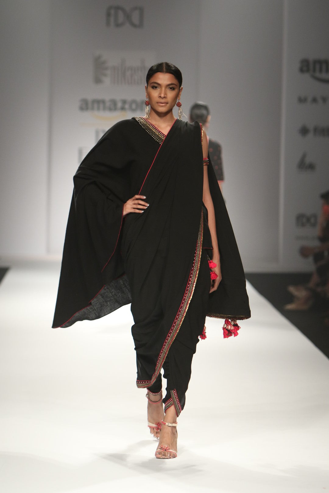 One off shoulder long assymetric blouse with attached palla with dhoti pants