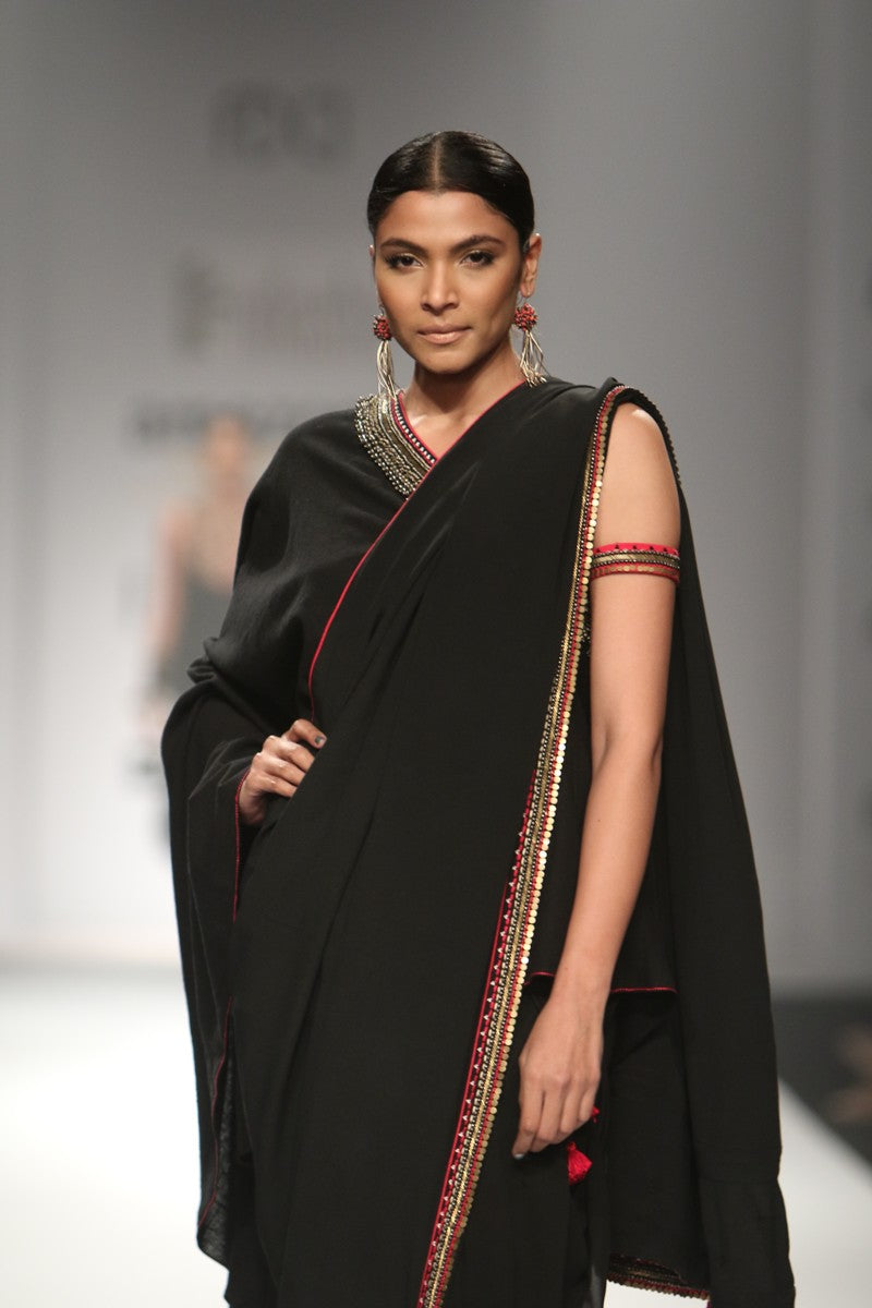 One off shoulder long assymetric blouse with attached palla with dhoti pants