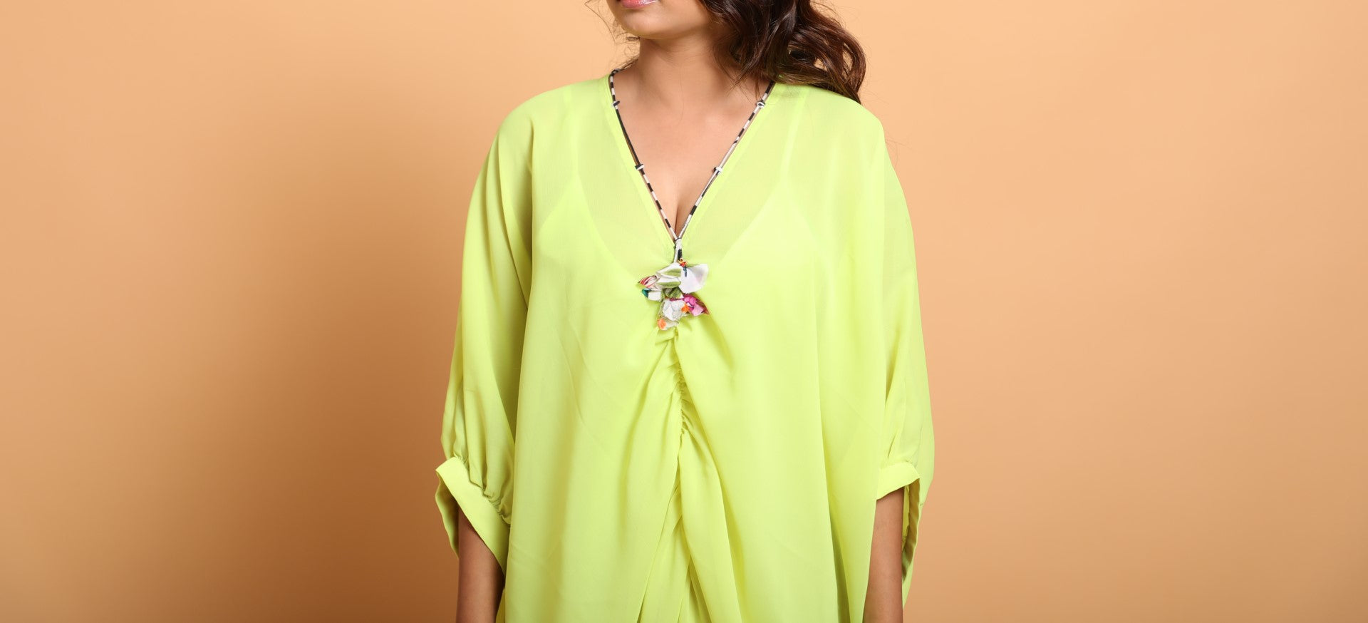 Totiya lime hand tassel embroidered kaftan
