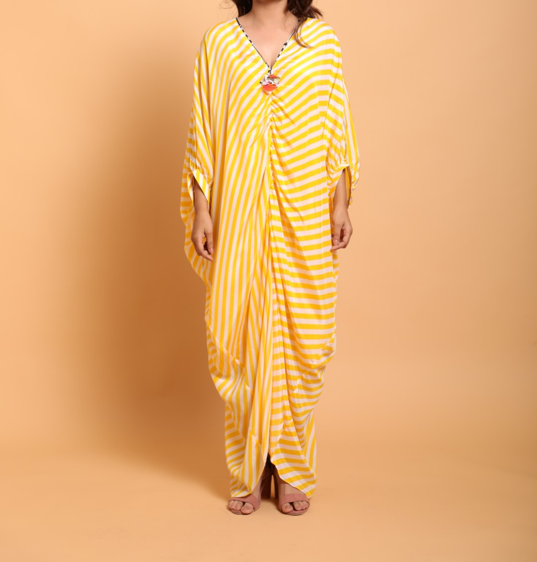 Yellow/white lehariya kaftan dress