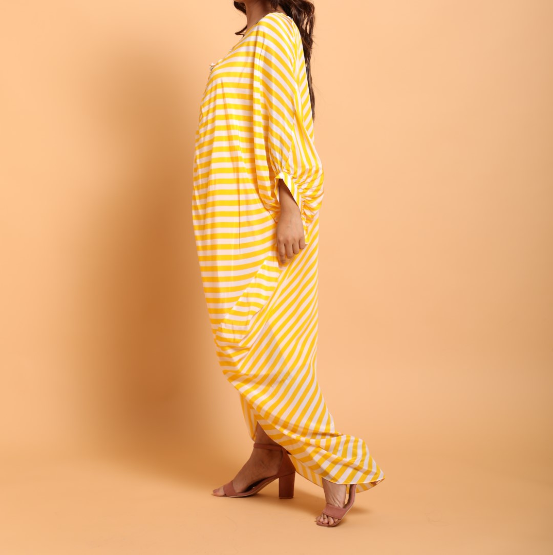 Yellow/white lehariya kaftan dress