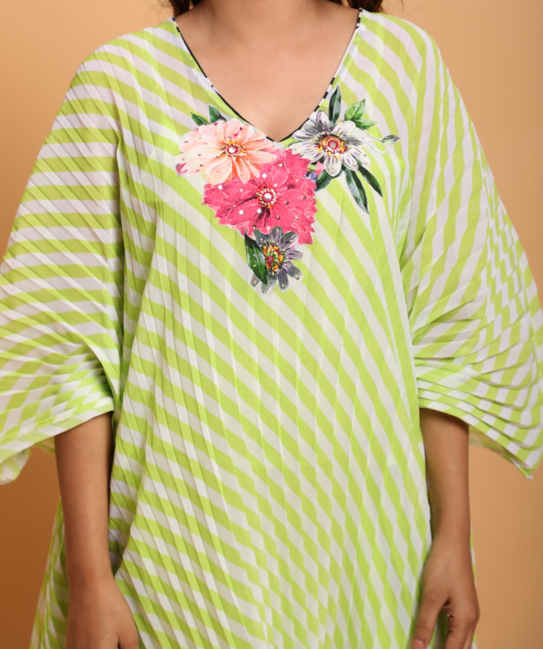 Totiya lime/white leheriya floral embroidered kaftan