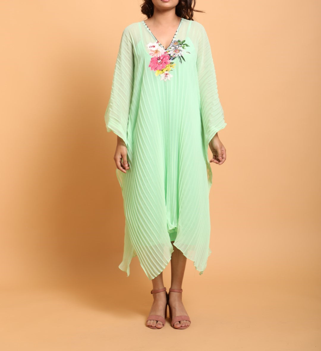 Pista Green pleated floral embroidered kaftan