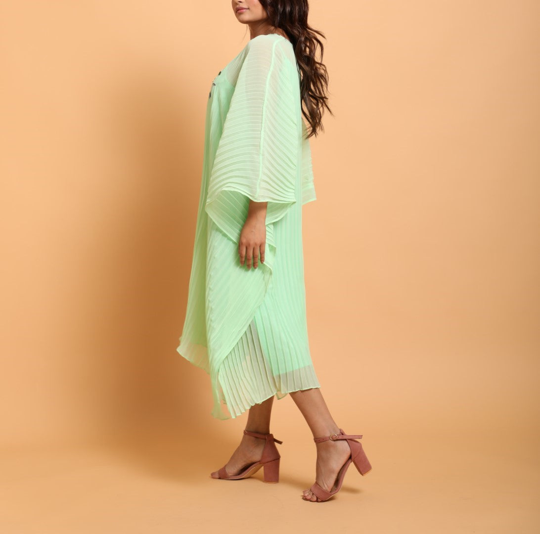 Pista Green pleated floral embroidered kaftan