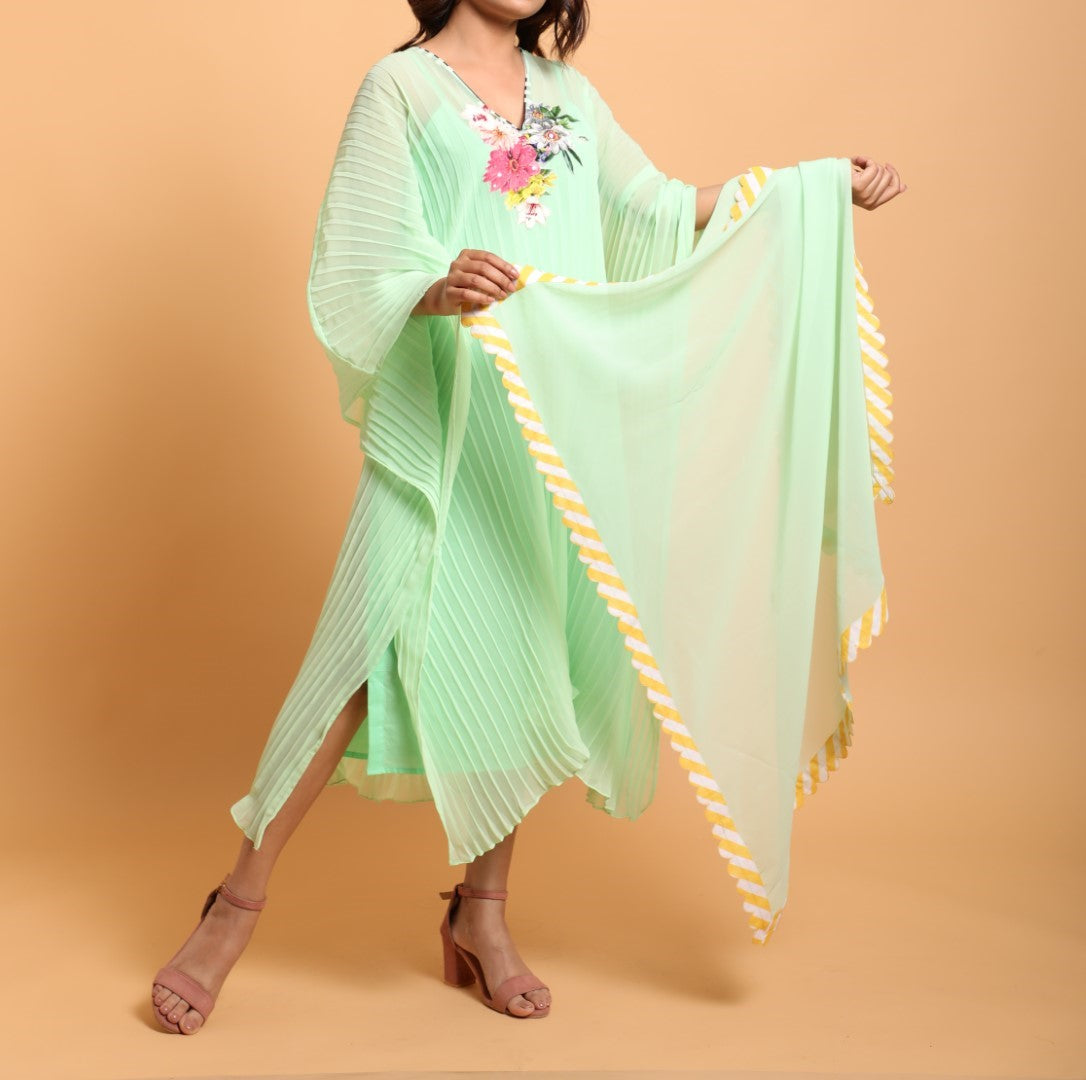 Pista Green pleated floral embroidered kaftan