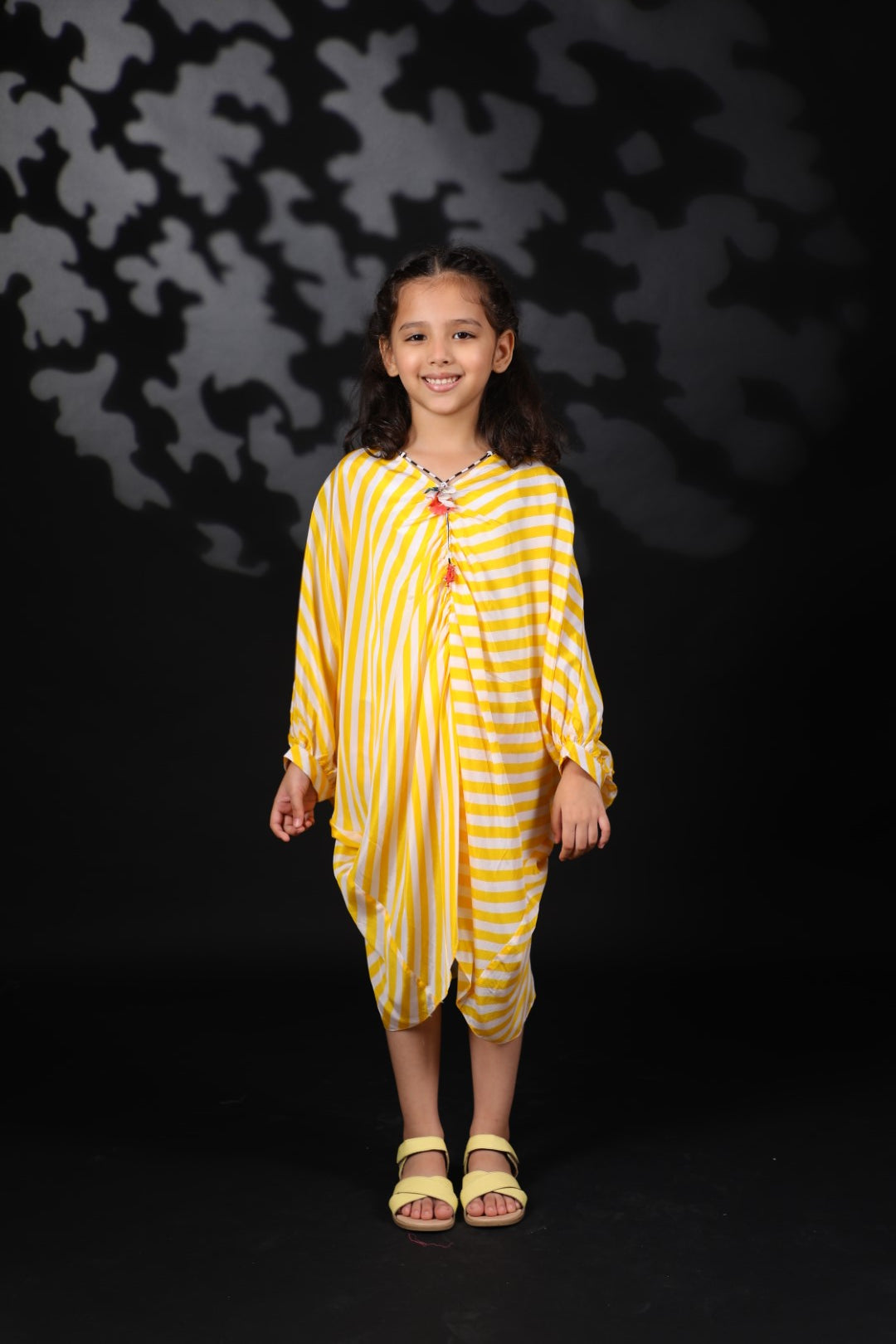 Yellow Lehariya Crepe Kaftan Dress