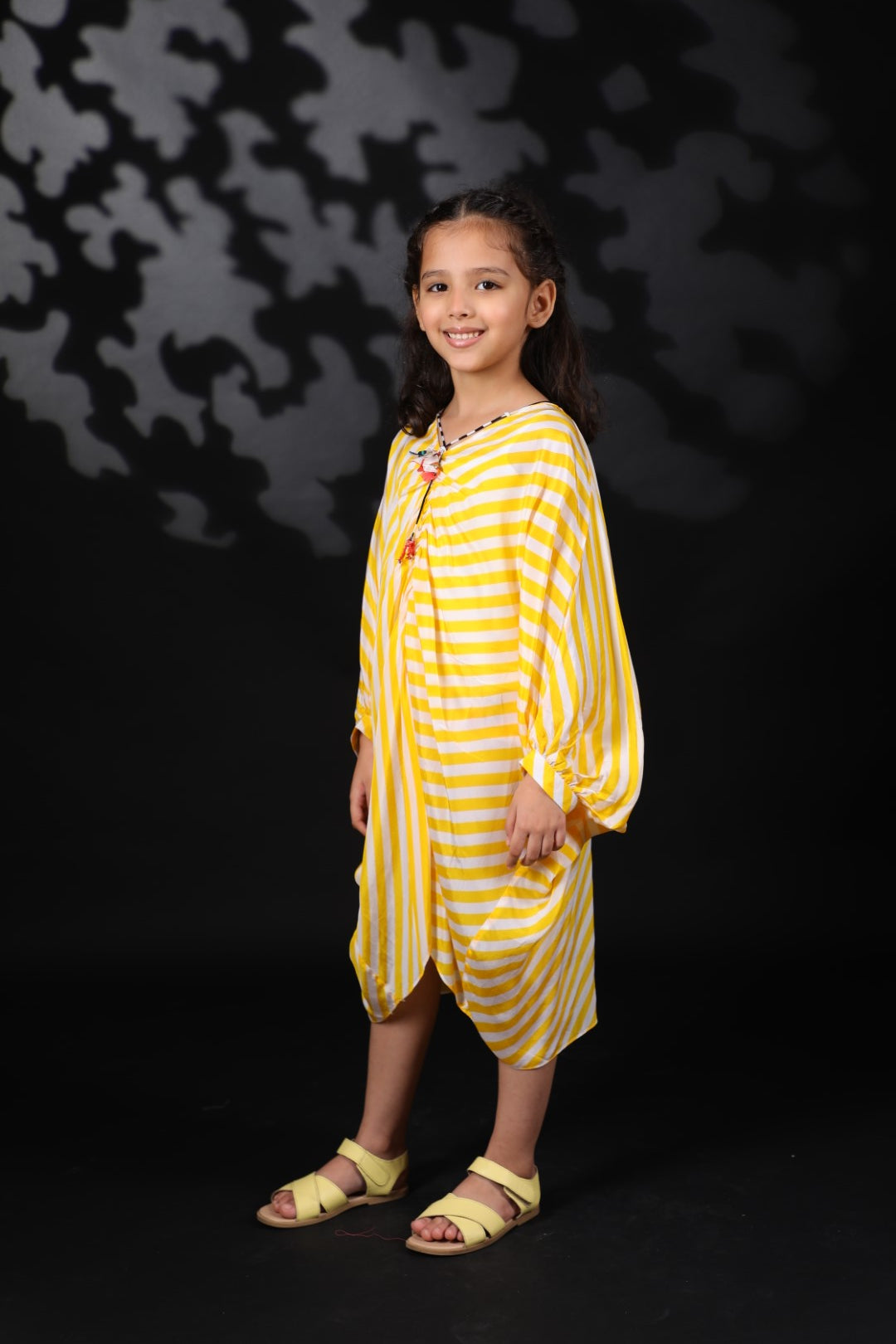 Yellow Lehariya Crepe Kaftan Dress