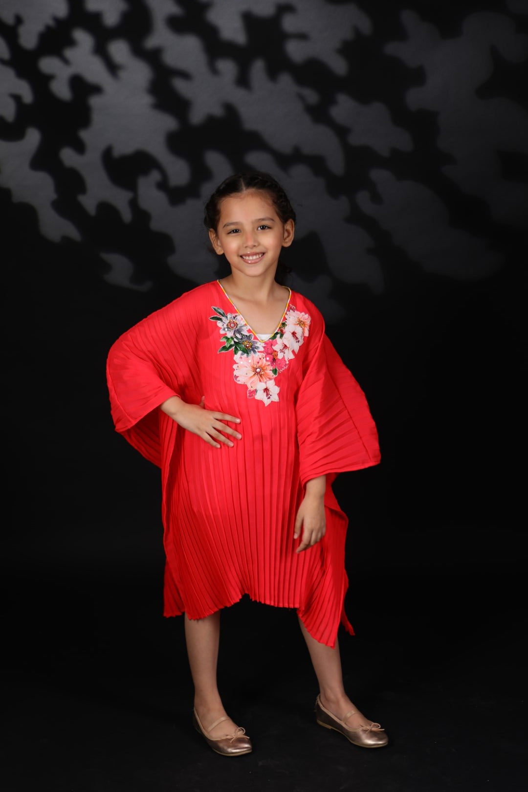 Coral Gajjari Pleated katan Dress with Floral Details
