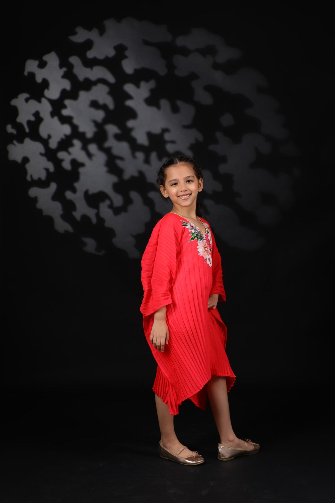 Coral Gajjari Pleated katan Dress with Floral Details