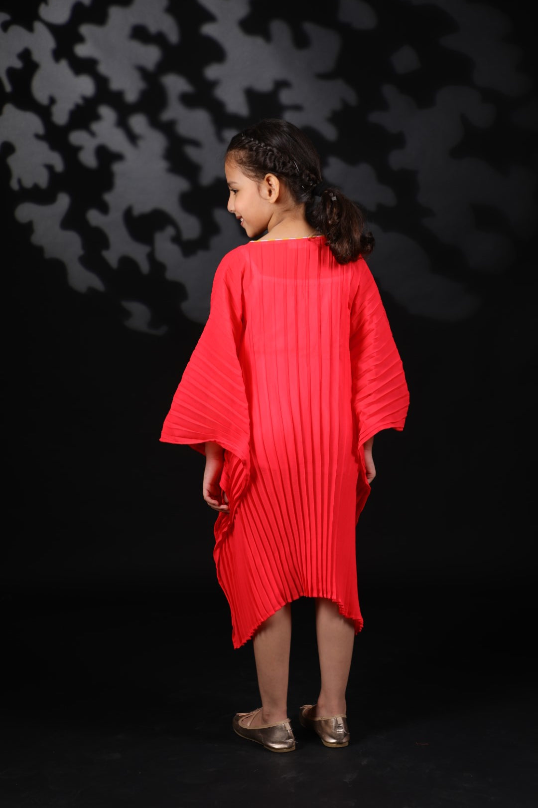 Coral Gajjari Pleated katan Dress with Floral Details