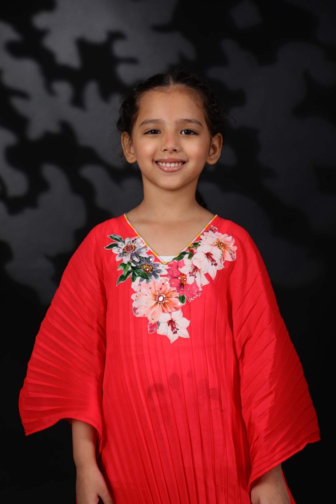 Coral Gajjari Pleated katan Dress with Floral Details
