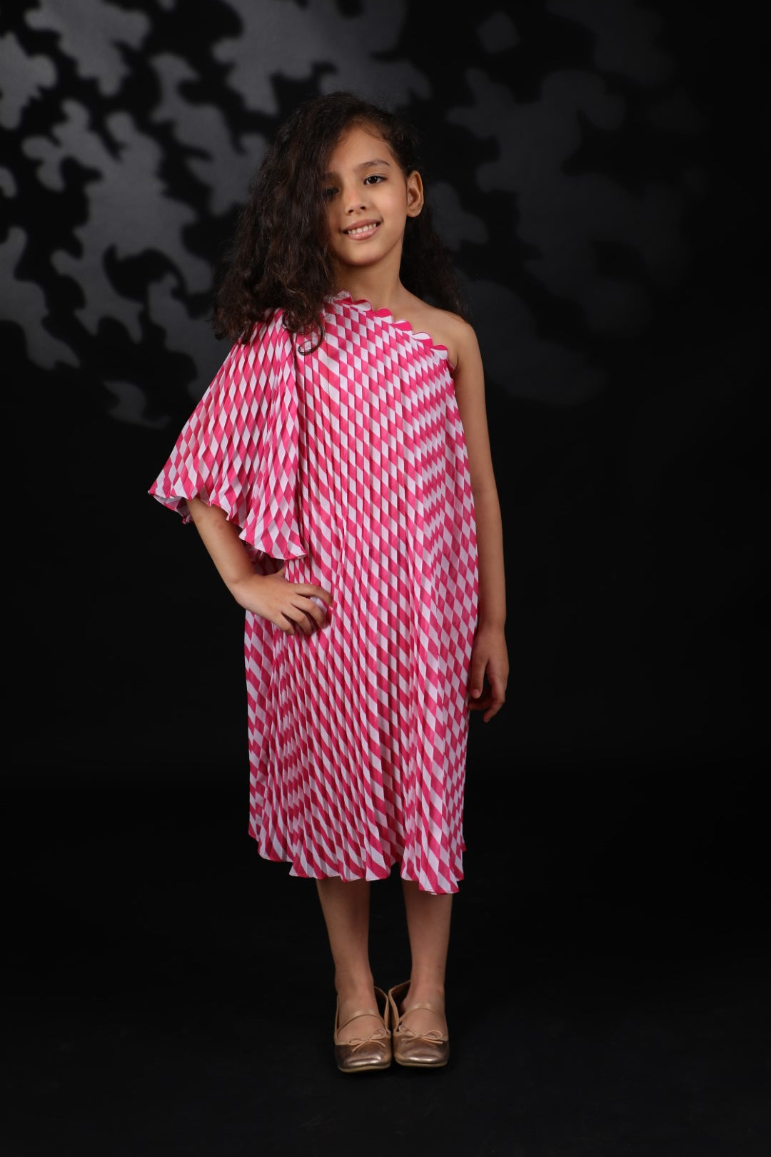 Mithai Pink Lehariya Off Shoulder pleated Ggt Dress