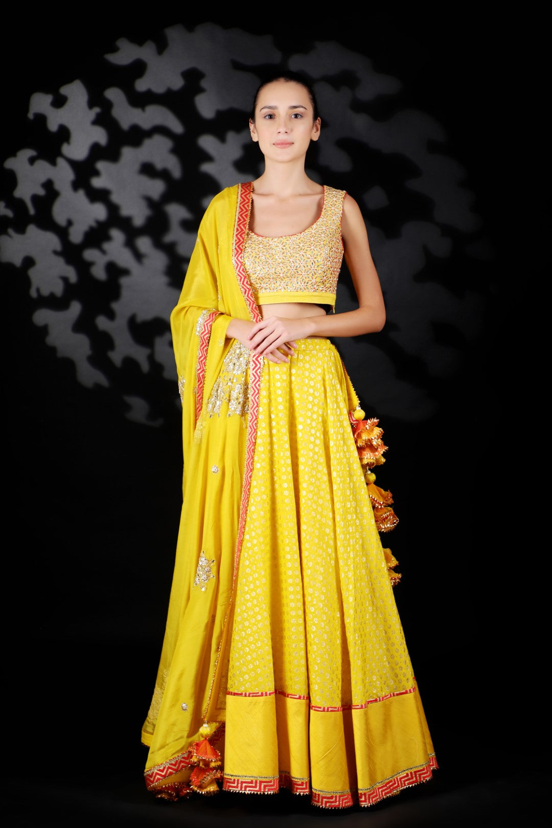 Pitambari Yellow Matka Silk Embroidered Blouse with Cotton Silk Gold Print Lehenga & Emb Dupatta