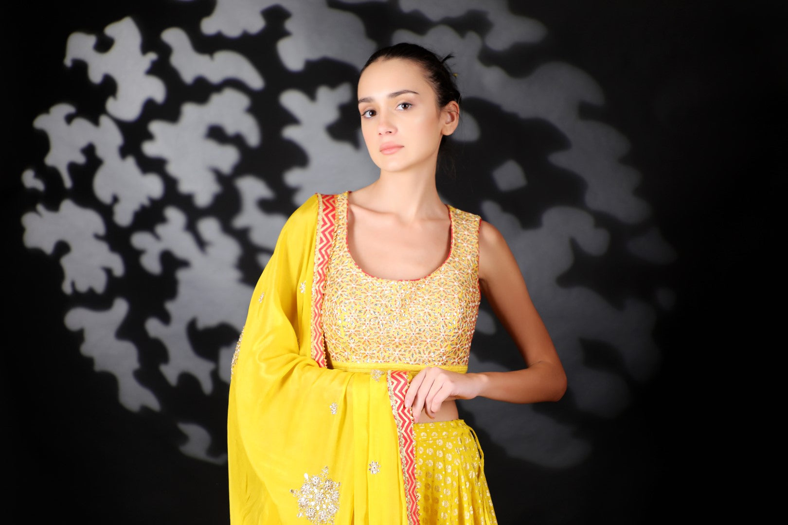 Pitambari Yellow Matka Silk Embroidered Blouse with Cotton Silk Gold Print Lehenga & Emb Dupatta