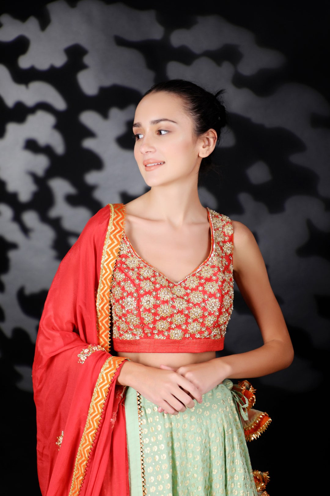 Coral Red Matka Silk Embroidered Blouse with Cotton Silk Gold Print Lehenga & Emb Dupatta