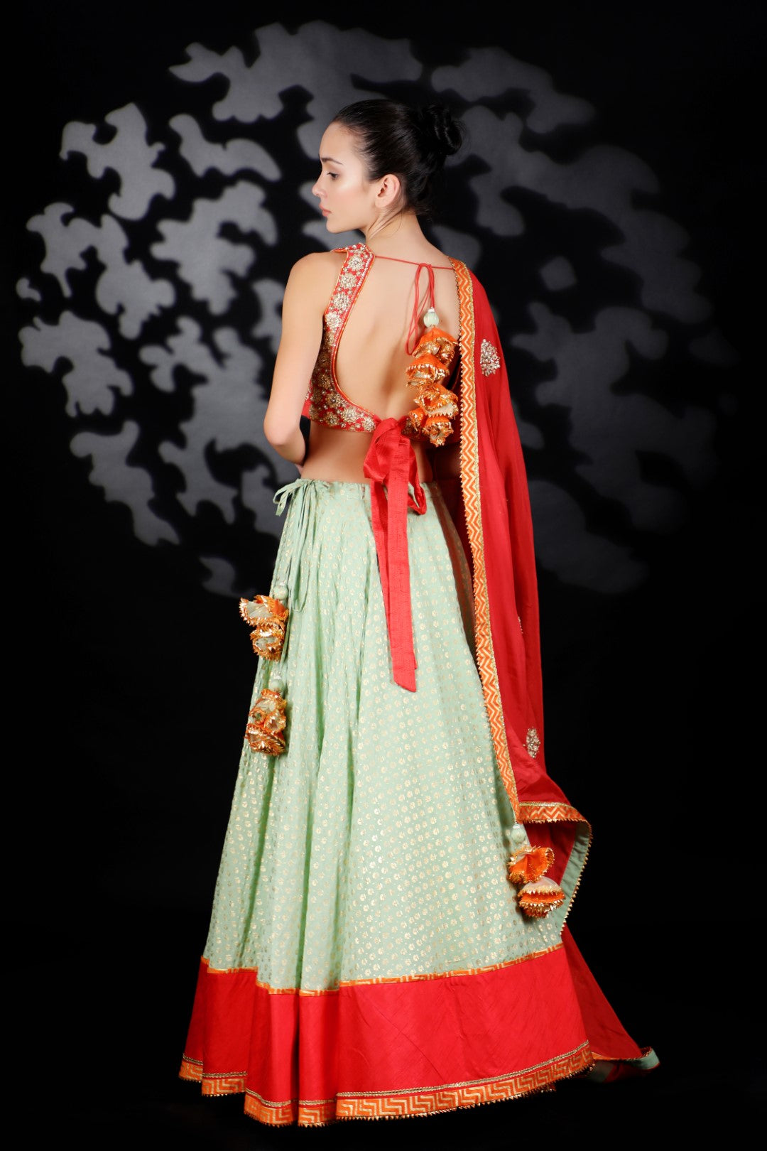 Coral Red Matka Silk Embroidered Blouse with Cotton Silk Gold Print Lehenga & Emb Dupatta