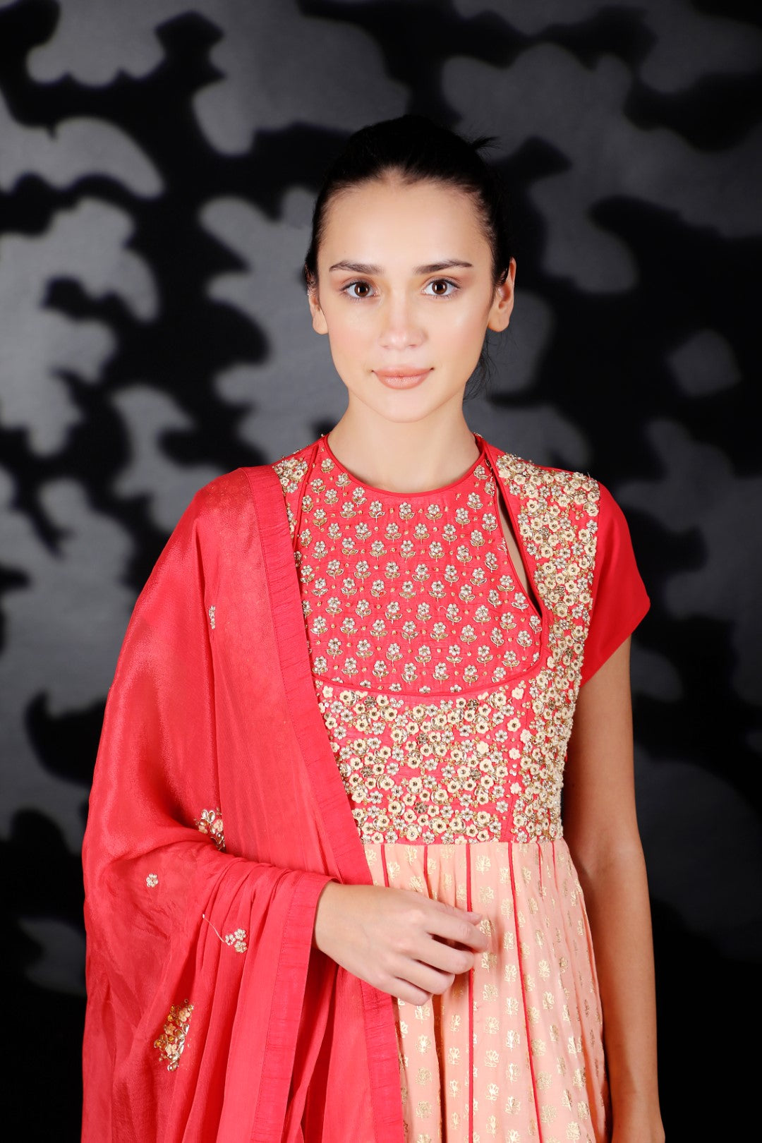 Coral and Rose Pink Cotton Silk Embroidered Kalidar Set