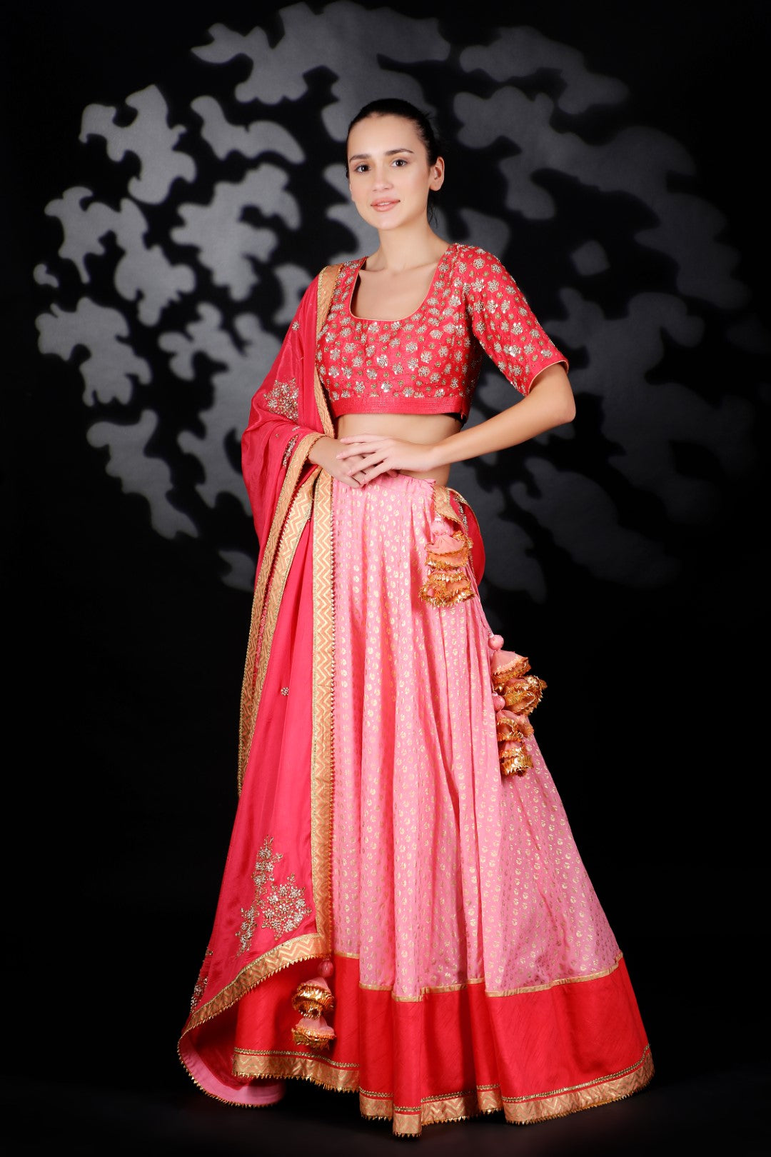 Maroon Red Matka Silk Embroidered Blouse with Cotton Silk Gold Print Lehenga & Emb Dupatta