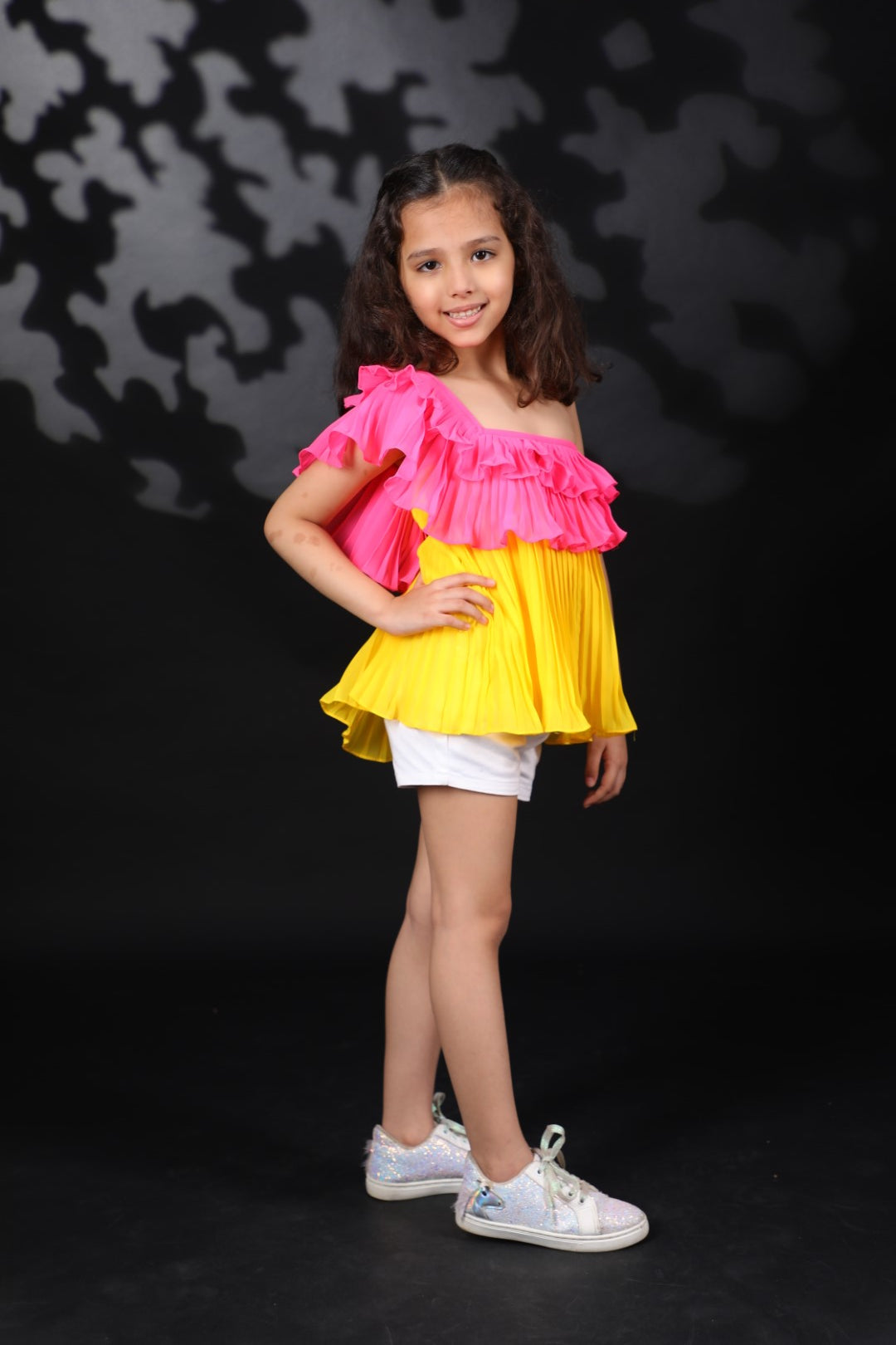 Mithai Pink & Yellow Off Shoulder pleated Ggt Top