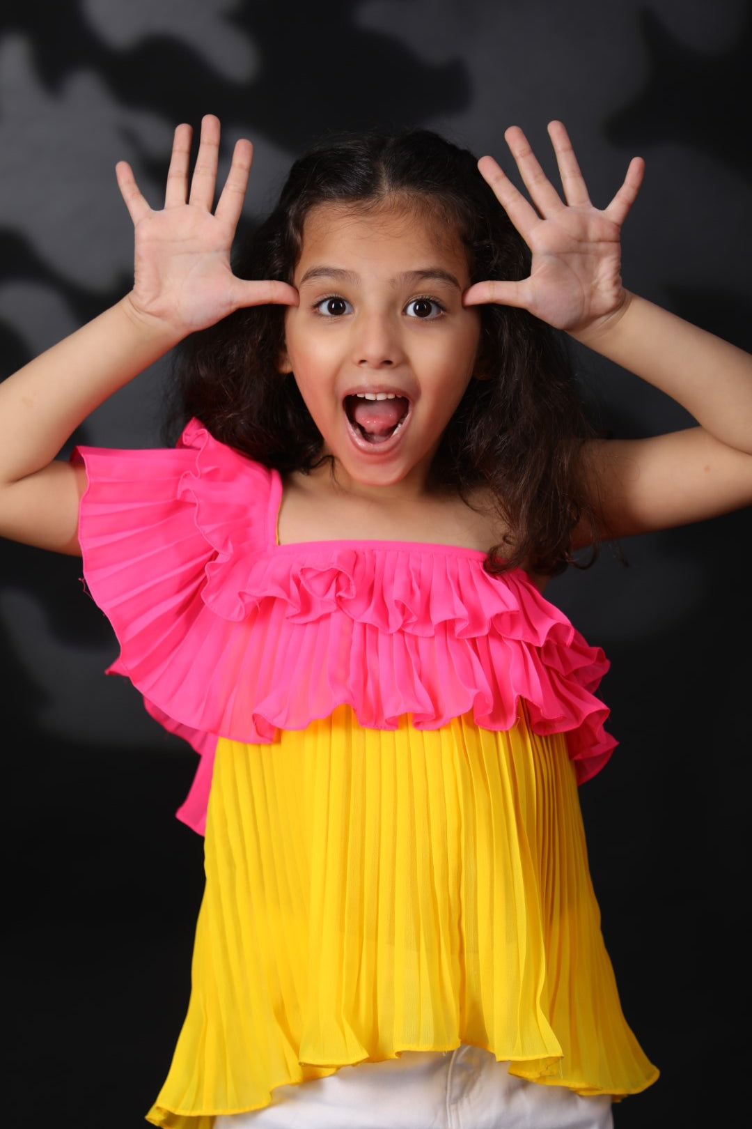 Mithai Pink & Yellow Off Shoulder pleated Ggt Top