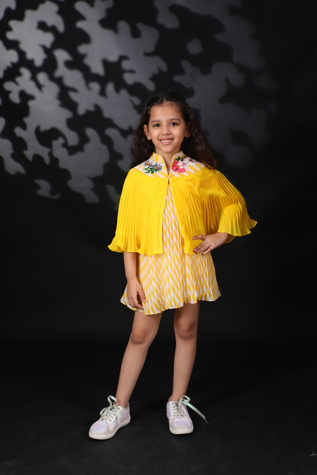 Pitambari Yellow Pleated Ggt Cape with Lehariya Inner
