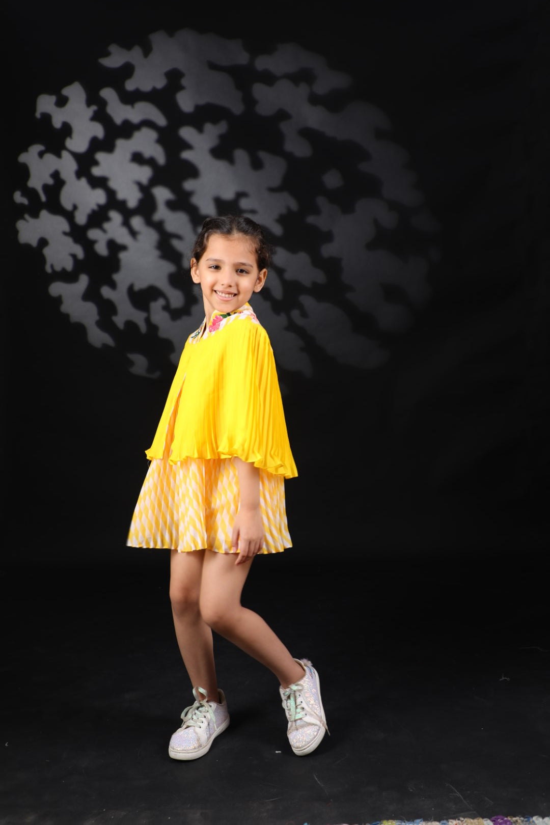 Pitambari Yellow Pleated Ggt Cape with Lehariya Inner