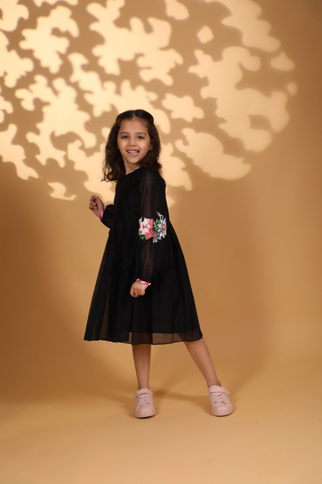 Black Chanderi Box Pleated Kurta with Floral Details