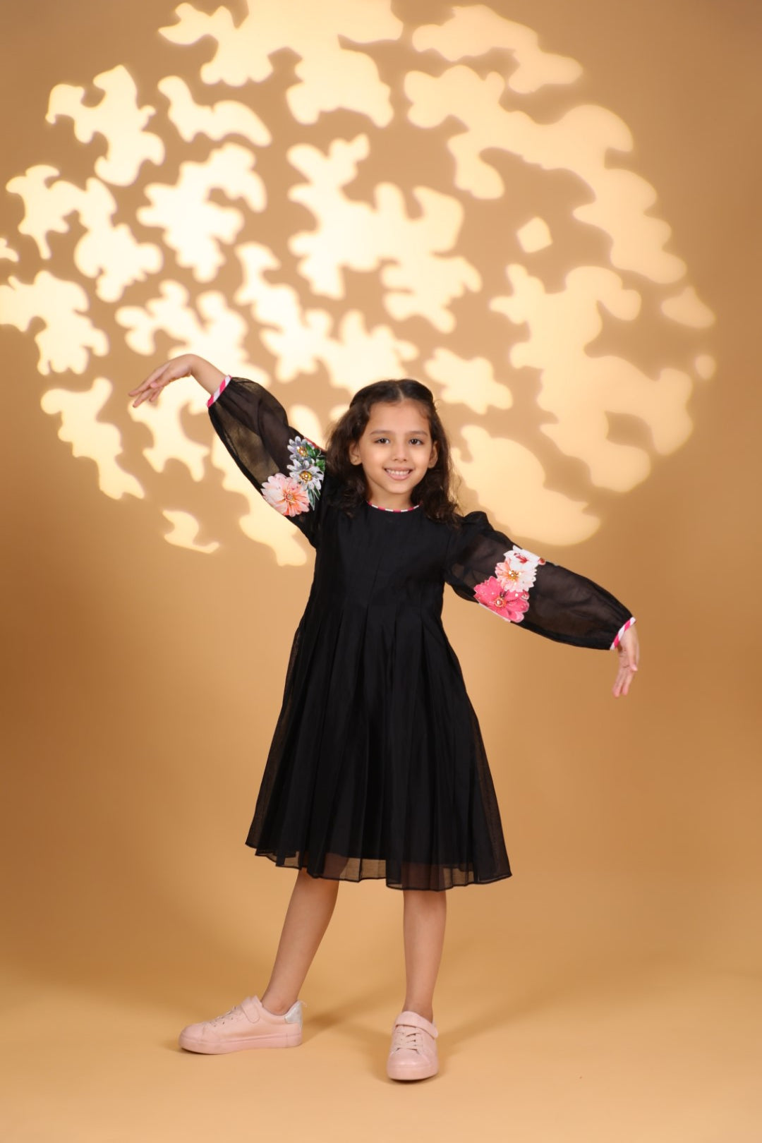 Black Chanderi Box Pleated Kurta with Floral Details