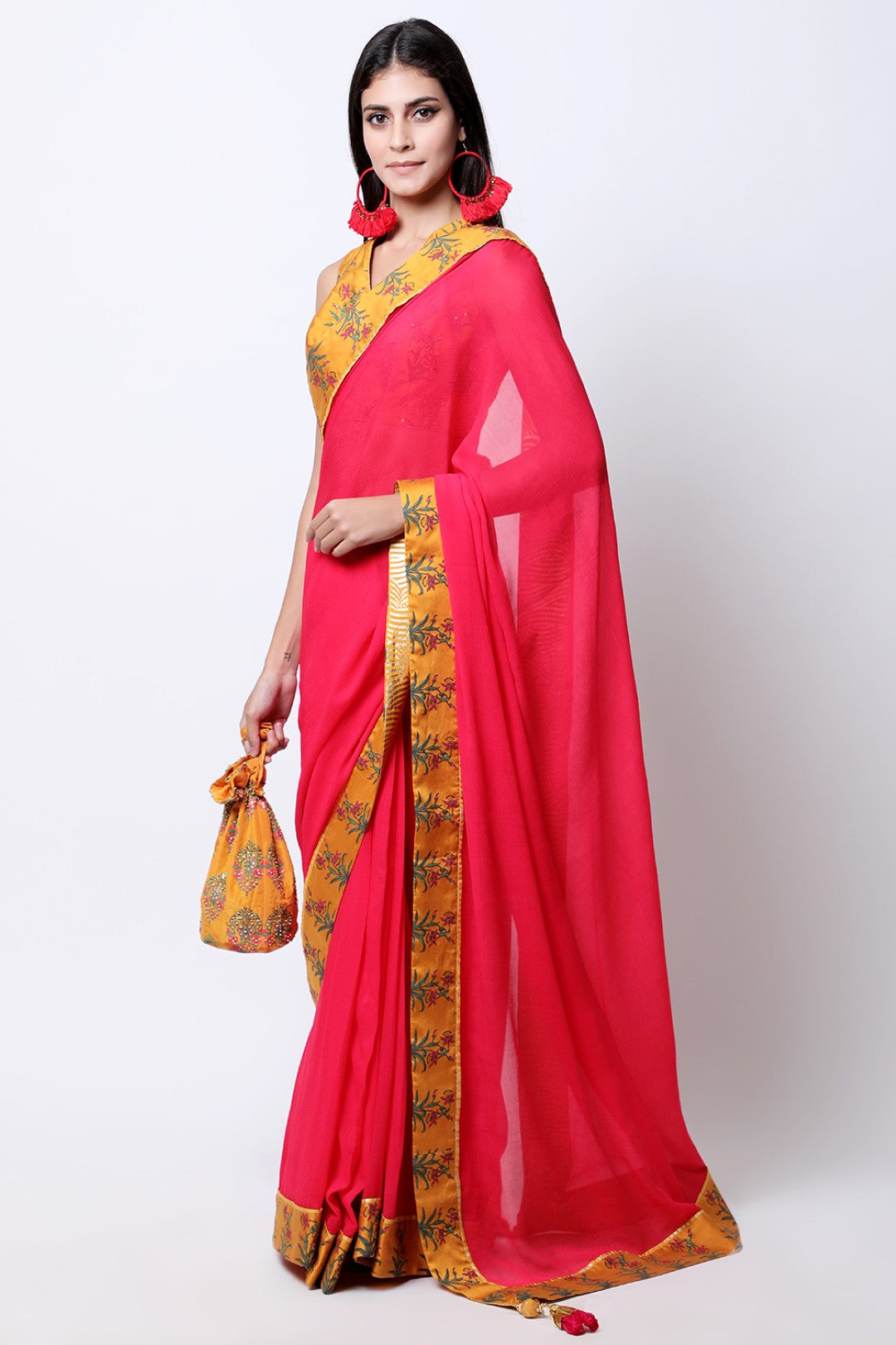 Rose Red chiffon saree , paired with ochre hand embroidered teen phool guldasta blouse.