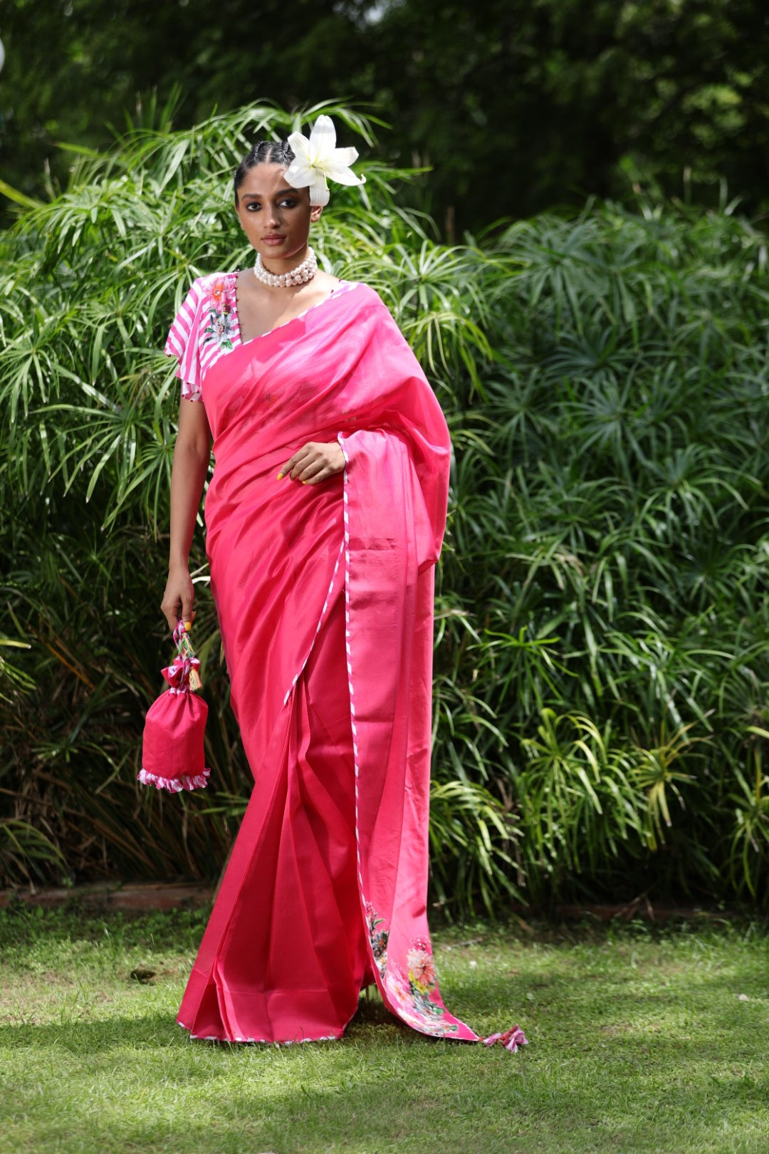 Watermelon pink chanderi saree with leheriya unstitched blouse fabric