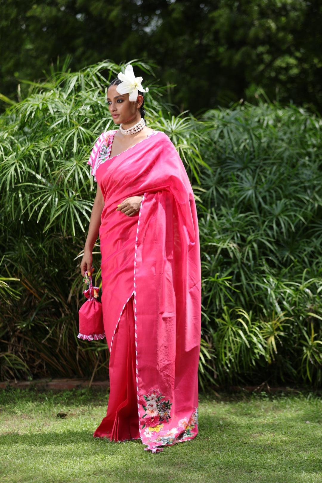 Watermelon pink chanderi saree with leheriya unstitched blouse fabric