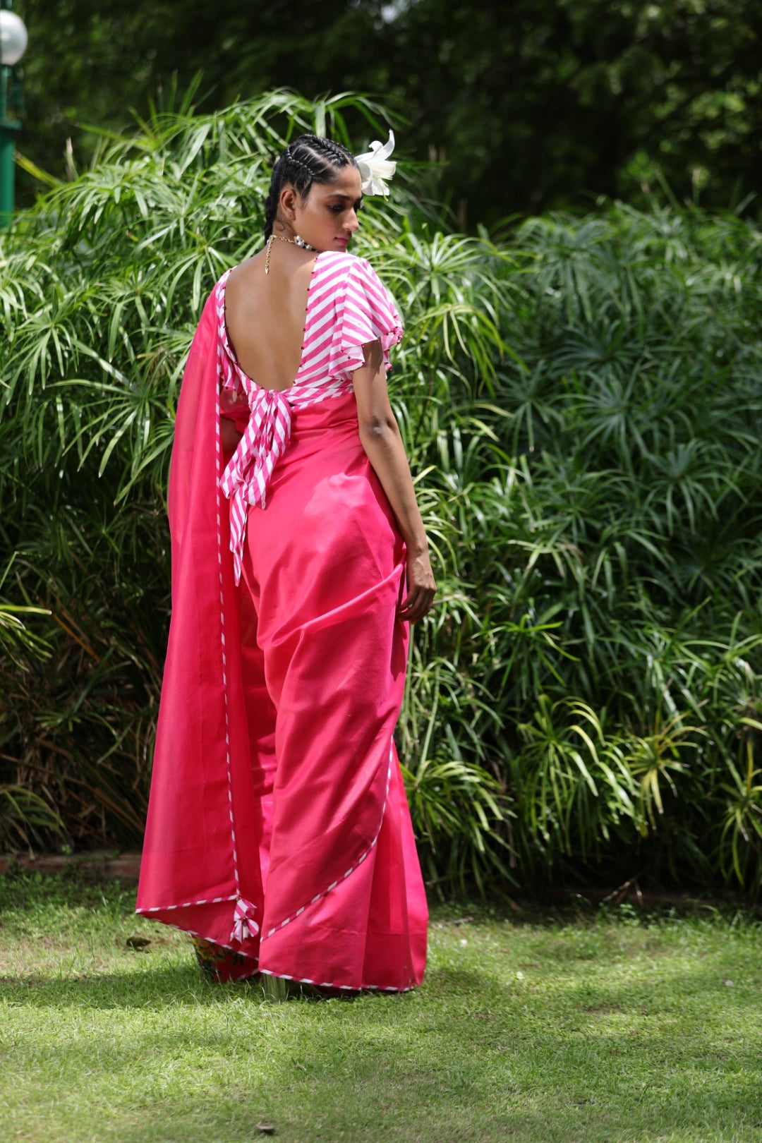 Watermelon pink chanderi saree with leheriya unstitched blouse fabric