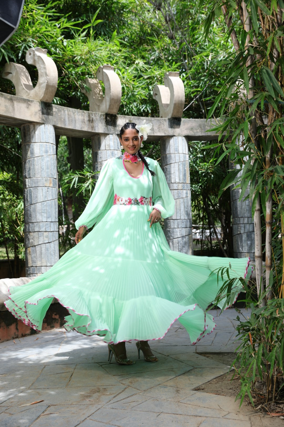 Pista green pleated embroidered anarkali set