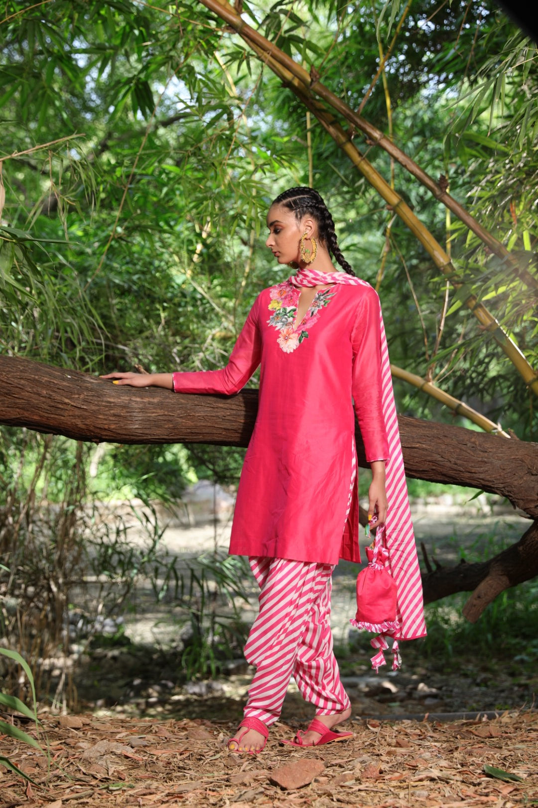 Watermelon pink chanderi kurta set