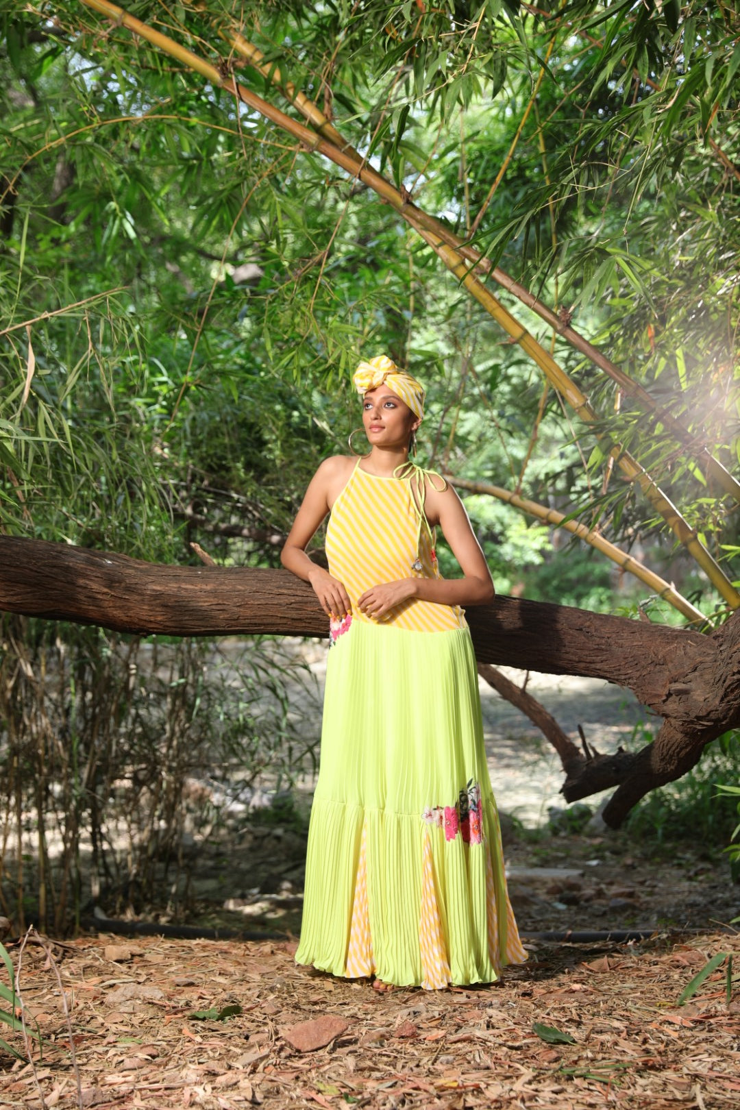 Yellow lehariya and Lime pleated anarkali set