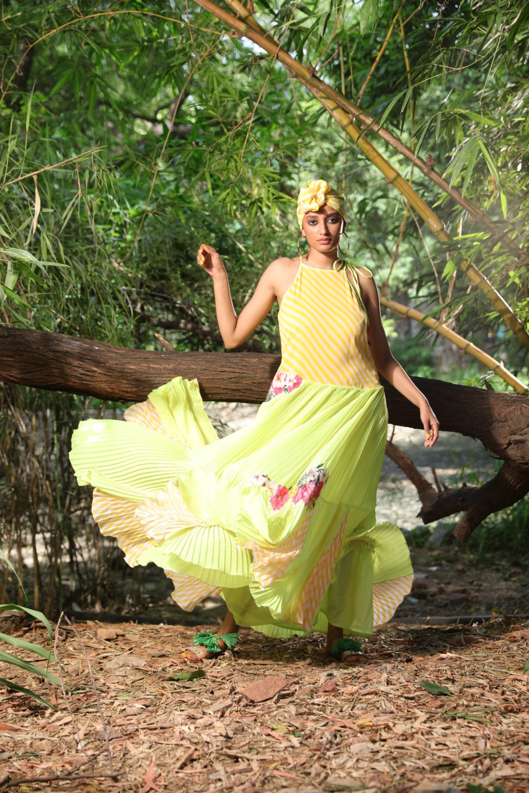 Yellow lehariya and Lime pleated anarkali set